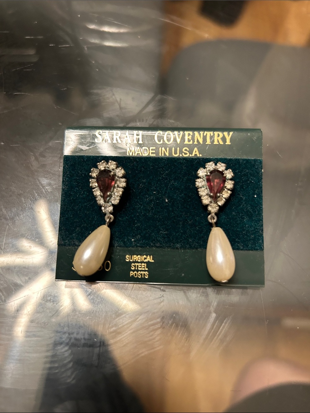 Sarah Coventry Garnet-Style Crystal Earrings with Pearl Drops